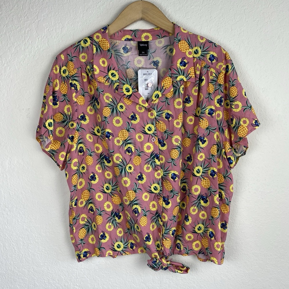 Disney 2XL Lilo & Stitch Shirt Pineapple Hawaiian Box lunch Button Short Sleeve